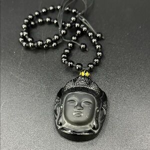 Black Beaded Buddha Volcanic Glass Pendant Necklace